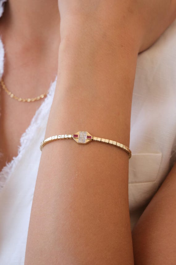 14K Gold Ruby Station Bracelet, Ruby Bar Box Chain Bracelet, Minimal Gemstone Gold Bracelet, Gift for Her