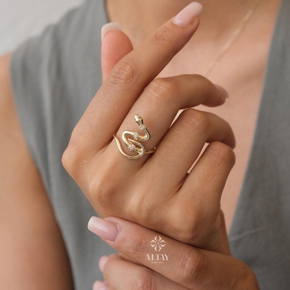 14K Gold Snake Ring, Snake Band, Open Serpent Jewelry, Dainty Stacking Animal Rings, CZ Snake Style Band, Open Band Statement Wrap Ring