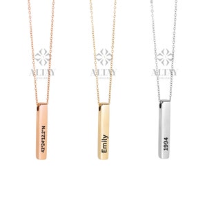 14K Gold Bar Necklace, 4 Side Engraved Necklace, 3D Gold Bar Necklace, Vertical Family Name Necklace, Coordinate Necklace, Personalized Gift