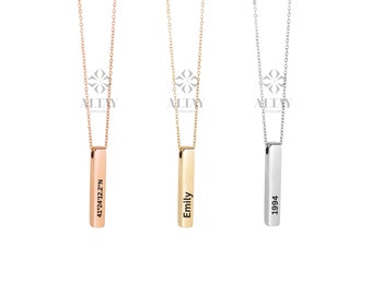 14K Gold Bar Necklace, 4 Side Engraved Necklace, 3D Gold Bar Necklace, Vertical Family Name Necklace, Coordinate Necklace, Personalized Gift