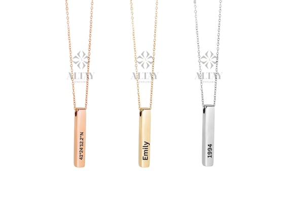 14K Gold Bar Necklace, 4 Side Engraved Necklace, 3D Gold Bar Necklace, Vertical Family Name Necklace, Coordinate Necklace, Personalized Gift