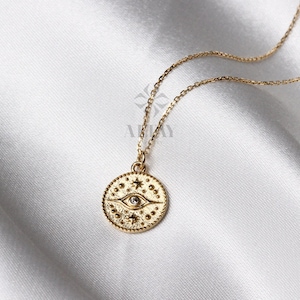 14K Gold Eye Medallion Necklace, Evil Eye Pendant, Coin Necklace, Dainty Gold Choker, Celestial Charm, Sun Eye Personalized Gifts for Her