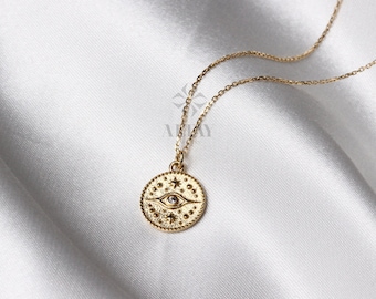 14K Gold Eye Medallion Necklace, Evil Eye Pendant, Coin Necklace, Dainty Gold Choker, Celestial Charm, Sun Eye Personalized Gifts for Her