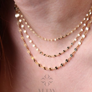 14K Gold Sparkle Chain Necklace, Glitter Chain Necklace, Flat Gold Link Chain Choker, Sequin Mirror Chain, Minimalist Elegant Necklace