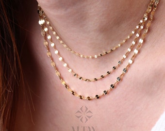 14K Gold Sparkle Chain Necklace, Glitter Chain Necklace, Flat Gold Link Chain Choker, Sequin Mirror Chain, Minimalist Elegant Necklace