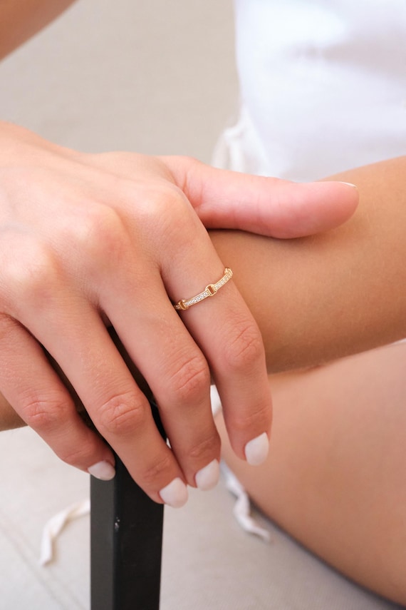 14K Gold Pave Bar Ring with CZ, Dainty Gold Bar Ring, Minimal Gold Ring, Everyday CZ Ring, Simple Gold Ring for Her