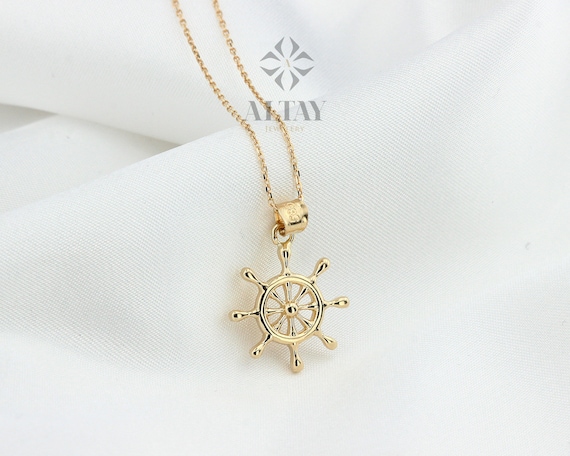14K Gold Ship Wheel Necklace, Rudder Pendant Medallion, Nautical Charm, Disc Boat Jewelry, Sea Lover Necklace, Minimalist Coin Necklace