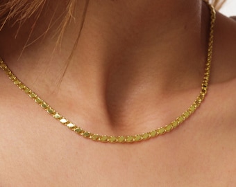 14K Gold Mirror Chain Necklace, 3mm Faceted Chain Necklace, Glitter Chain Choker, Flat Link Chain Necklace, Sparkle Mirror Chain Necklace