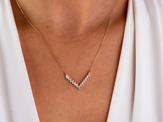 14K Gold V Shaped Necklace, CZ Baguette Diamond Chevron Pendant Necklace, Minimalist Geometric Chevron V Charm, Wedding Gift For Her