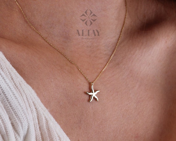 14K Gold Star Necklace, Pole Star Necklace, Starfish Necklace, Charm Starbust Pendant, Dainty Crescent Necklace,  Celestial Charm Necklace