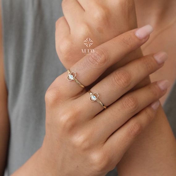 14K Gold Hamsa Hand Ring, Hand of Fatima, Gold Protection Ring, Minimalist Pinky Ring Women, Third Eye Band Ring, Handmade Gift