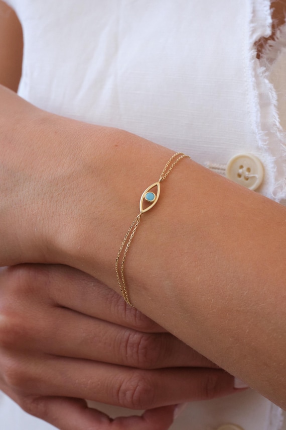 14K Gold Evil Eye Bracelet with Turquoise, Dainty Evil Eye Bracelet, Minimal Gold Chain Bracelet, Protection Bracelet, Everyday Gold Jewelry