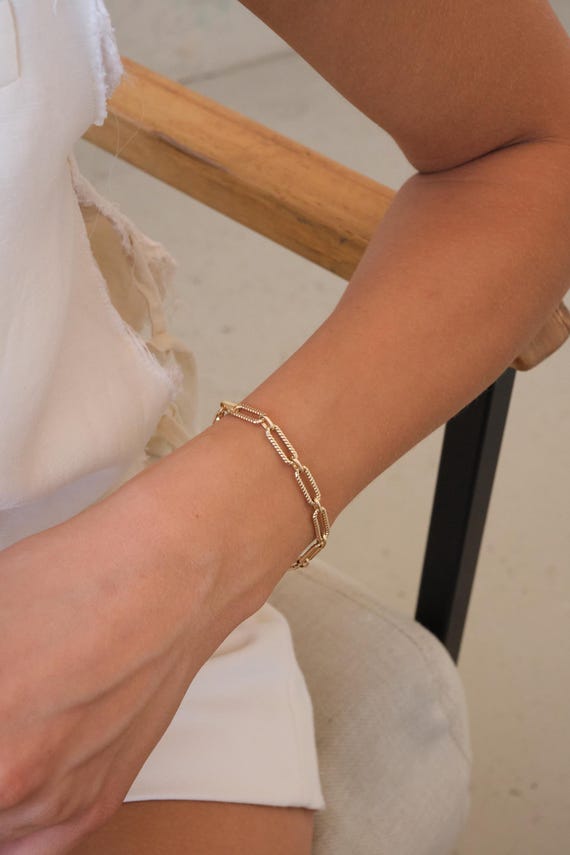 14K Gold Paperclip Chain Bracelet, 4.5mm Rectangle Long Chain, Rope Chain Link Bracelet, Stacking Bracelets, Twisted Chain, Gift For Her