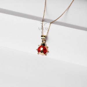 Puede incluir: Un collar de cadena de oro con un colgante de mariquita roja y negra.