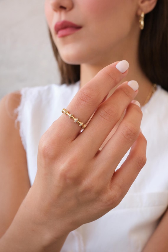 14K Gold Bamboo Ring with CZ Stones, Dainty Textured Gold Ring, Minimal Stacking Ring, Thin Everyday Gold Ring for Her