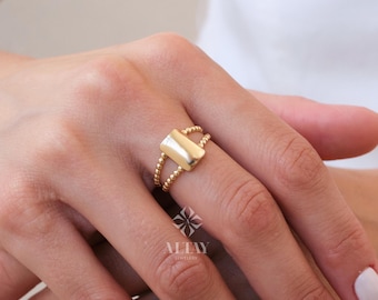 14K Gold Rectangle Name Ring, Plain Stacking Ring, Date Bar Nameplate, Stackable Knuckle, Custom Name Ring, Flower Engraved Personalized