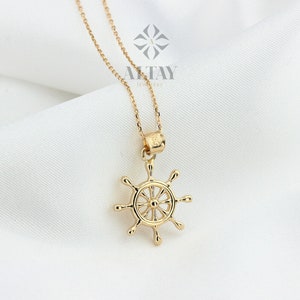 14K Gold Ship Wheel Necklace, Rudder Pendant Medallion, Nautical Charm, Disc Boat Jewelry, Sea Lover Necklace, Minimalist Coin Necklace
