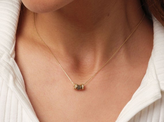 14K Gold Cylinder Tube Necklace, Pave Pendant Necklace, Rolling Barrel Pendant, Elegant Charm Necklace, Sparkle Layering Necklace
