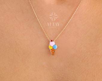 14K Gold Ice Cream Necklace, Ice Cream Pendant, Ice Cream Cone Charm, Enamel Necklace, Colorful Necklace, Summer Choker, Gift For Her