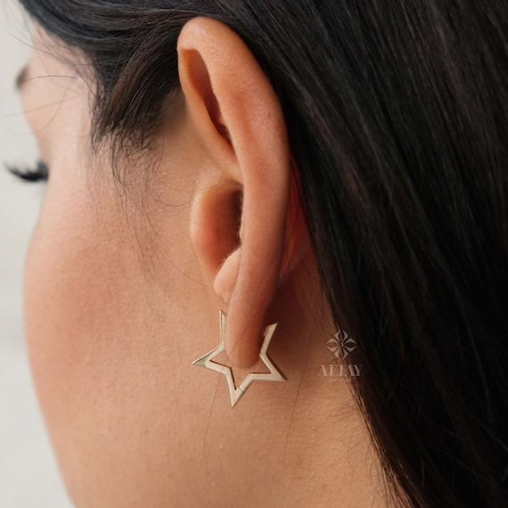 14K Gold Star Hoop Earrings, Open Star Huggie Earrings, Mini Starburst Earring, Stacking Gold Earrings, Minimalist Modern Hoop Earring