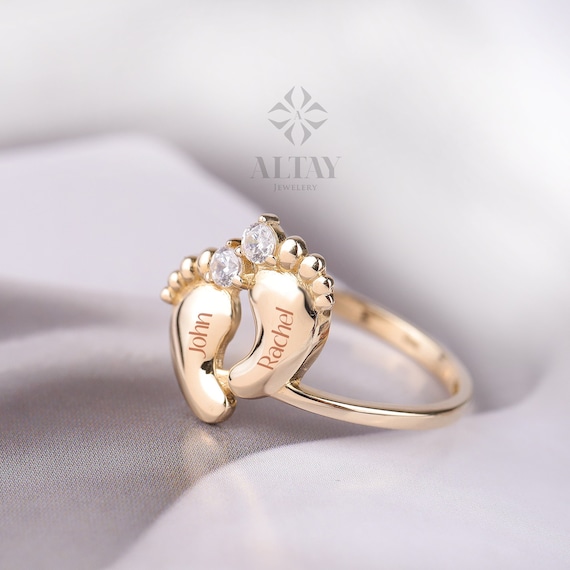 14K Gold Baby Feet Ring Personalized Baby Feet Name Band Birthstone Footprint Ring Name Engraved Baby Shower New Born Band New Mom Gift Etsy