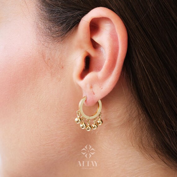 14K Gold Dangling Drop Earrings, Hoop Earrings, Cartilage Upper Earlobe, Small Huggie Hoops, Bridal Earrings, Anniversary Gift