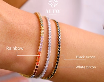 14K Gold Tennis Bracelet, 2mm Cz Diamond Tennis Bracelet, Cubic Zirconia Tennis Bracelet, Real Gold Women Bracelet, Multicolor Gold Bracelet