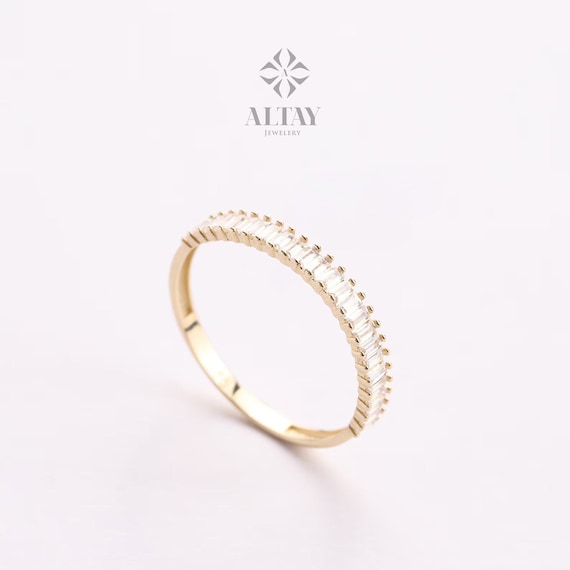 14K Gold Baguette Half Eternity Ring, Unique Marriage Ring, Dainty Baguette Ring, Minimalist Wedding Ring, Delicate Engagement Band