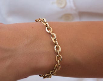 14K Gold Chain Bracelet, 5mm Classic Gold Link Bracelet, Everyday Gold Bracelet, Timeless Real Gold Jewelry Gift for Her