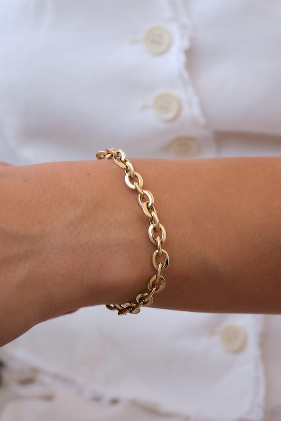 14K Gold Chain Bracelet, 5mm Classic Gold Link Bracelet, Everyday Gold Bracelet, Timeless Real Gold Jewelry Gift for Her