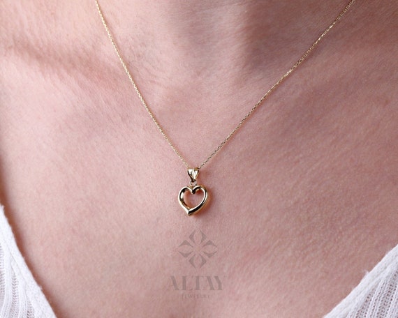 14K Gold Heart Necklace, Small Heart Necklace, Mini 3D Heart Pendant, Heart Real Gold Charm, Love Pendant Necklace, Gift for Her