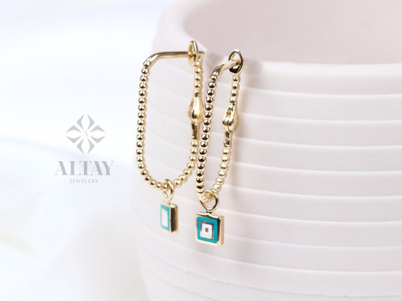 14K Gold Turquoise Rectangle Earrings, Square Stone Hoop Earrings, Tiny Square Stone Earring, Dainty Delicate Gift For Her