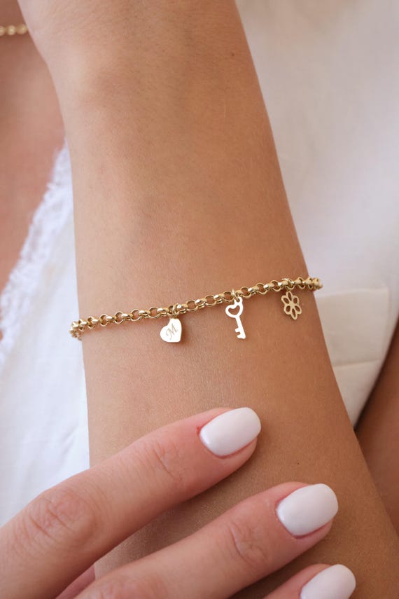 14K Gold Charm Bracelet, Initial Heart Charm Bracelet, Dainty Gold Chain Bracelet with Key Charm, Personalized Gold Jewelry Gift