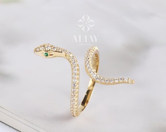 14K Gold Snake Ring, Snake Band, Open Serpent Jewelry, Dainty Stacking Animal Rings, CZ Snake Style Ring, Open Band Statement Wrap Ring