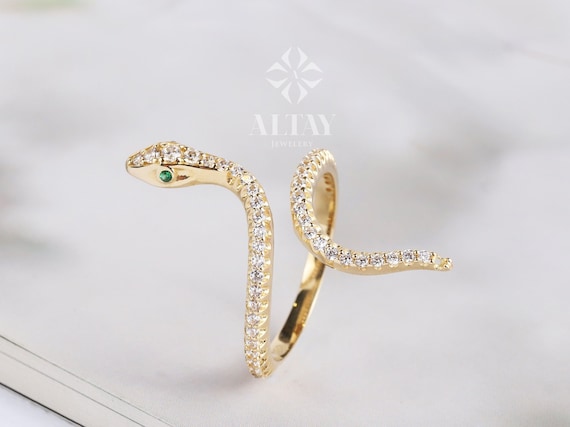 14K Gold Snake Ring, Snake Band, Open Serpent Jewelry, Dainty Stacking Animal Rings, CZ Snake Style Ring, Open Band Statement Wrap Ring