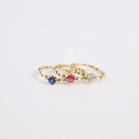14K Gold Engagement Ring, Solitaire Gold Ring, Art Deco Band Ring, Promise Ring, Birthstone Ring, Stacking Bridal Ring, Beaded Gold Ring