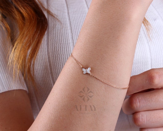 14K Gold White Enamel Butterfly Bracelet, Dainty Gold Butterfly Bracelet, Minimalist Jewelry, Stacking Bracelet, Gift for Her