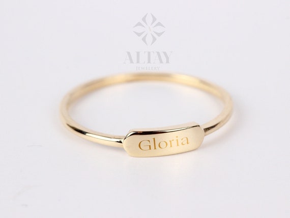 14K Gold Dainty Bar Ring, Personalized Name Ring, Custom Rectangle Ring, Roman Numeral Ring, Pet Memorial Jewelry, Skinny Letter Band