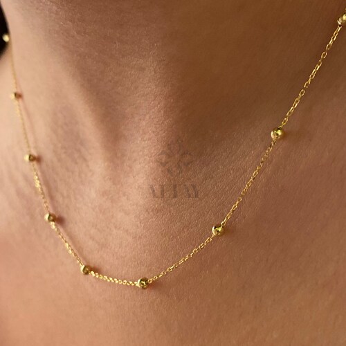 14k Gold Bead Chain Necklace Mini Balls 