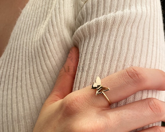 14K Gold Butterfly Ring, Tiny Princess Ring, Delicate Stacking Ring, Good Luck Gift, Animal Jewelry, Birthday For Mom, Valentines Day