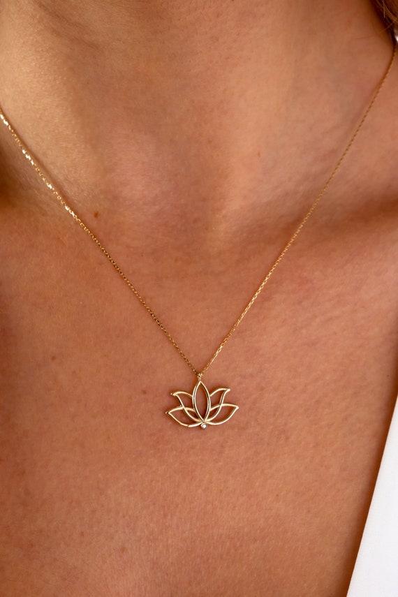 14K Gold Lotus Necklace, Lotus Flower Necklace, Gold Lotus Necklace, Yoga Necklace, Meditation Necklace, Lotus Floral Necklace, Gift For Mom