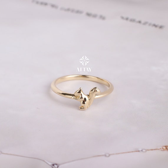 14K Gold Squirrel Ring, Dainty Animal Ring in Solid 14K Gold, Minimal Nature Inspired Jewelry for Women, Unique Handmade Gold Ring