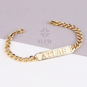 Pulsera de oro de 14 quilates con nombre, pulsera de eslabones cubanos con placa de identificación, barra de identificación grabada personalizada en oro, pulsera de cadena con nombre, regalo personalizado para ella y él