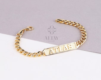 14K Gold Name Bracelet, Nameplate Cuban Link Bracelet, Gold Custom Engraved ID Bar, Curb Chain Name Bracelet, Personalized Gift For Her Him