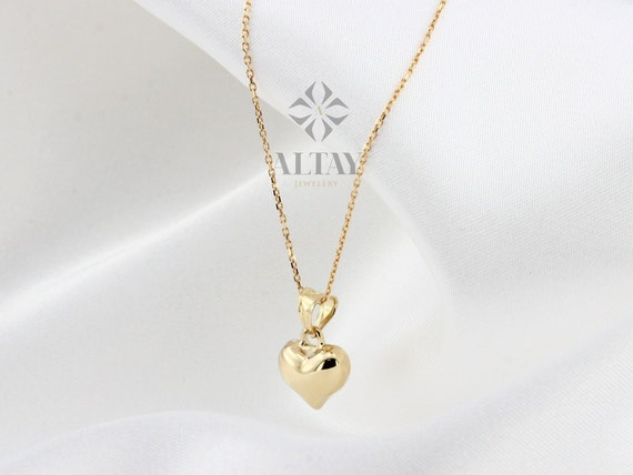 14K Gold Heart Necklace, Small Heart Necklace, Mini 3D Heart Pendant, Puffy Heart Real Gold Charm, Love Pendant Choker, Gift for Her
