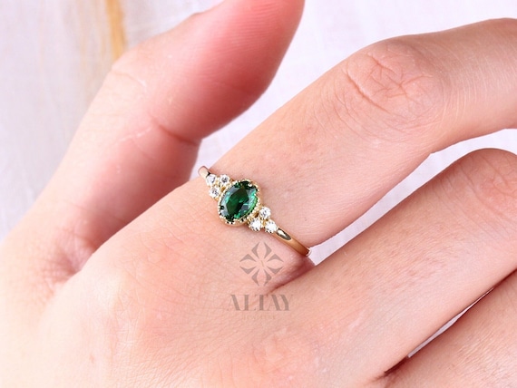14K Gold Emerald Ring, Emerald Engagement Diamond Ring, Oval Cut Emerald Diamond Ring, Promise Ring, May Birthstone Solitaire Ring, Gift