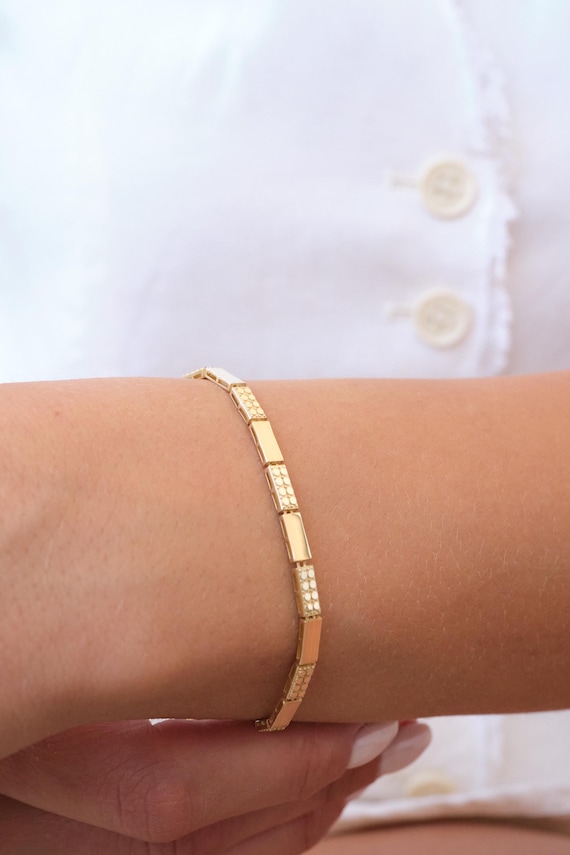 14K Gold Geometric Bar Bracelet, 3mm Station Link Gold Bracelet, Minimal Polished Gold Bracelet, Modern Everyday Gold Jewelry, Gift for Her