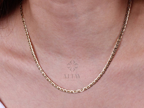 14K Gold Anchor Mariner Chain Necklace, 3mm 4mm Flat Choker, Mariner Curb Chain, Bold Mariner Chain, Mariner Anchor Chain, Men Women Chain