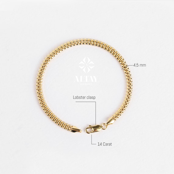 14K Gold Popcorn Bracelet, 4.5mm Curb Wrist Chain, Gold Herringbone Stack Link Chain, Braided Bismark Chain Bracelet, Valentine's Day Gift