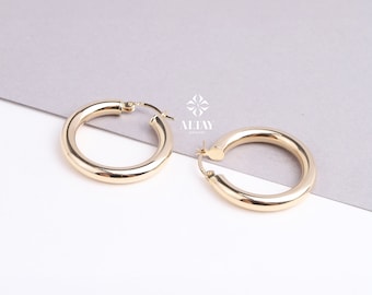 14K Gold Round Hoop Earrings, Classic Hoop Earrings, 15mm Shiny Hoops, Classic Jewelry Handmade, Lightweight Hoops